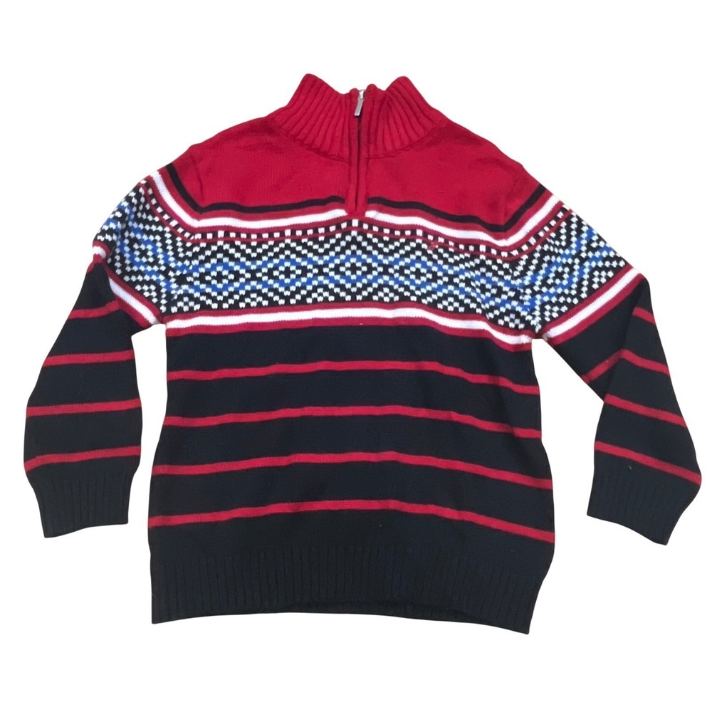 Nautica Kids Red Navy Striped Fair Isle Quarter Zip Cotton Sweater 4T